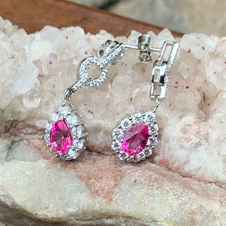 Pink Topaz & Cz 925 Sterling Silver Earrings